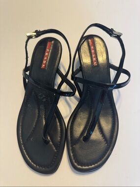 Prada Black Patent Leather Strappy Thong Sandals